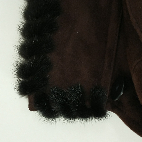 Authentic Shearling USA made Coat Long Jacket Dark Brown Suede Leather Fur Trim - Picture 13 of 16